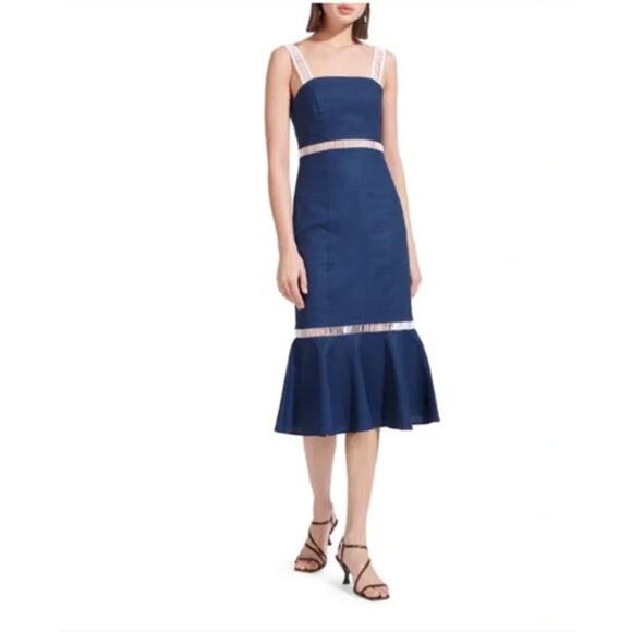 NWT Staud Lychee Midi Dress Midnight Navy Blue White Linen Blend Women's Size 10 - Picture 1 of 9